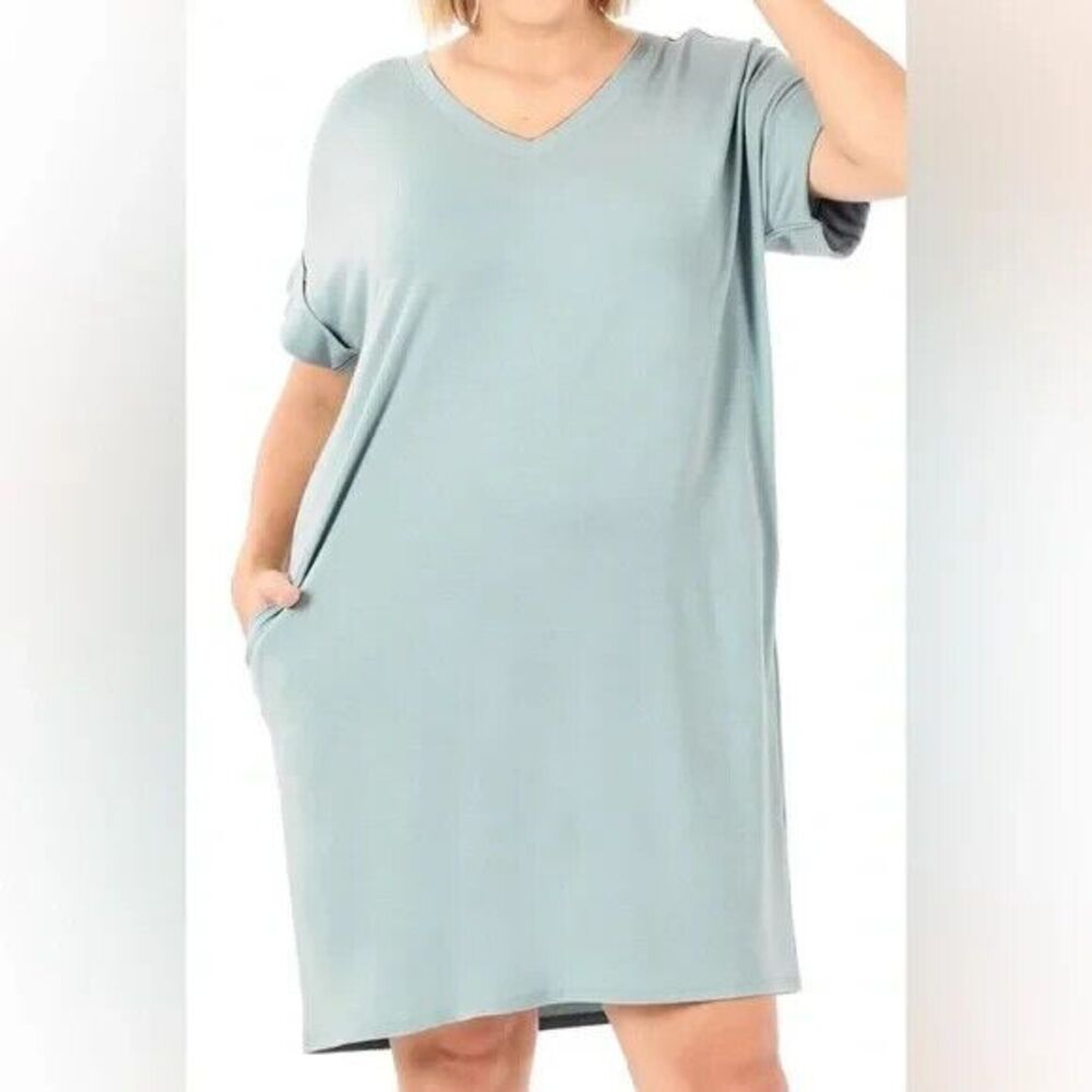 Zenana T-Shirt Dress V-Neck Rolled Short Sleeve Knee Length with Pockets